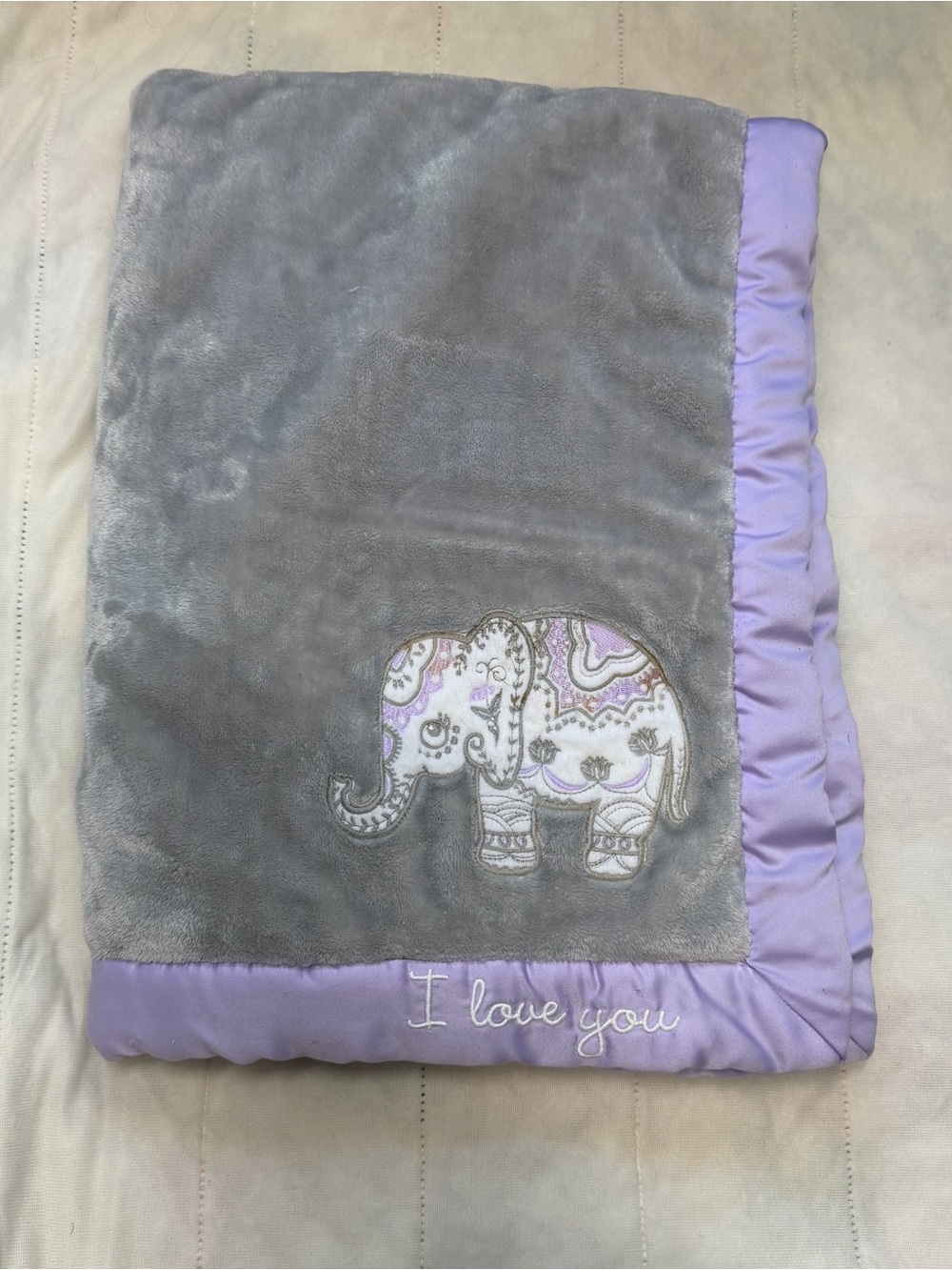 Wendy Bellissimo Gray Plush Baby Blanket with Lavender Satin Edge